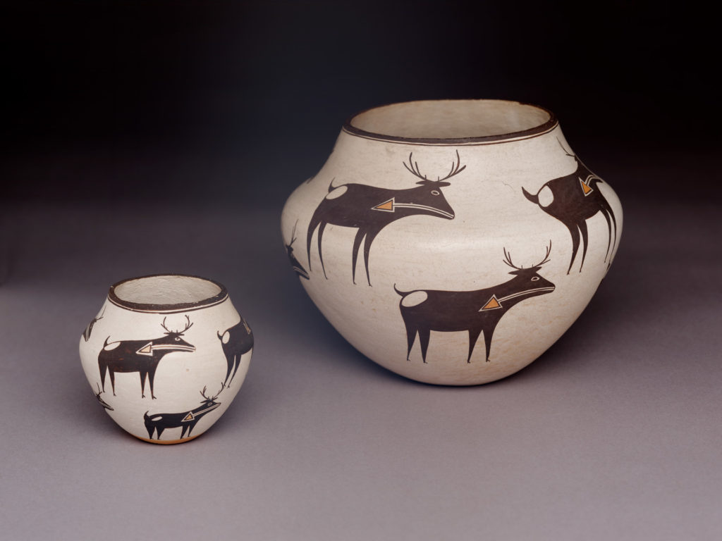 Polychrome Jars (2), ca. 1960 by Lucy M. Lewis (1898 - 1992). Acoma Pueblo (New Mexico). Gift of Alice Dockstader in Memory of her Husband, Frederick J. Dockstader