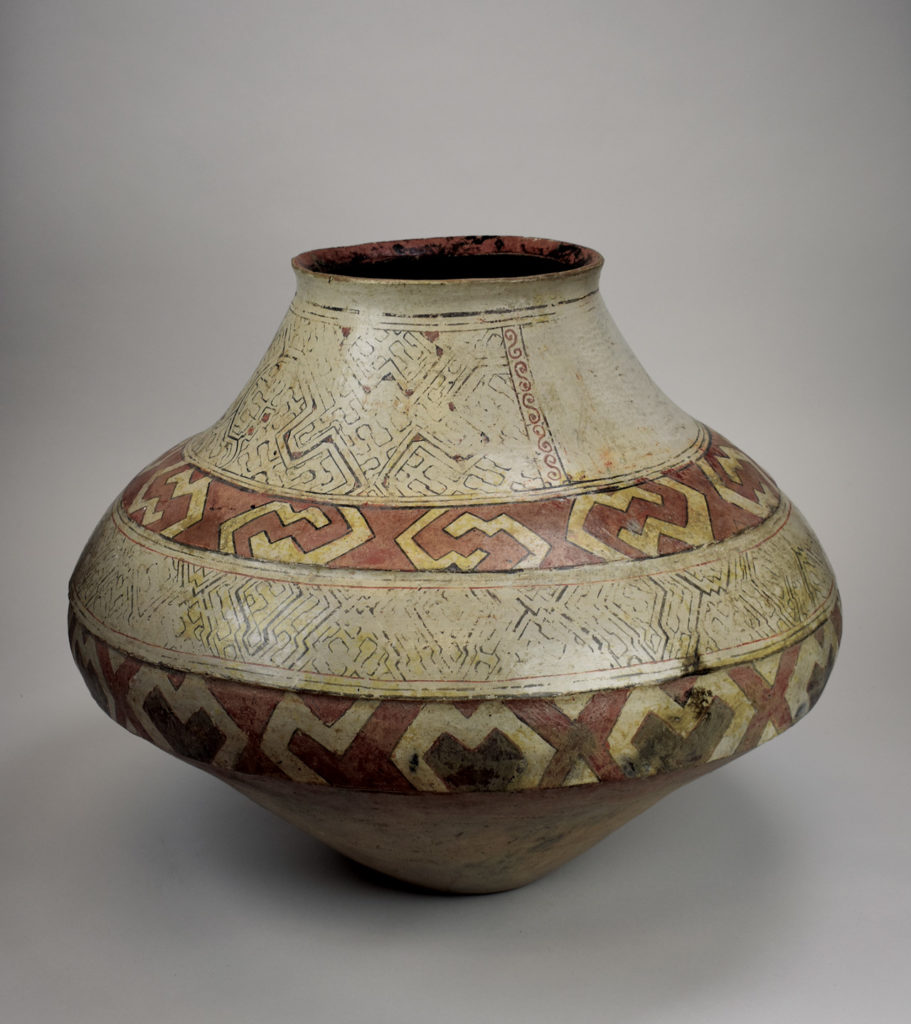 A large Shipibo jar with traditional geometric designs